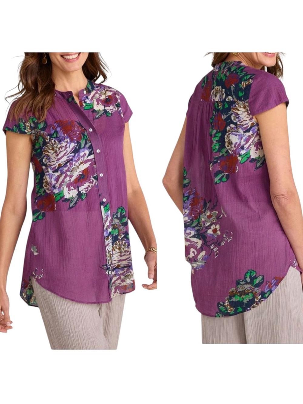 Soft Surroundings Purple Floral Button-Front Top Blue Bouquet Rose XSMALL